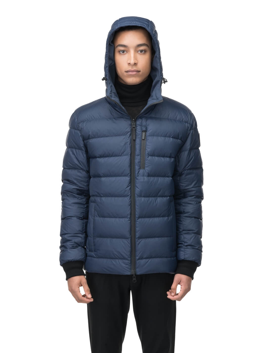 Chris Men's Mid Weight Reversible Puffer Jacket in hip length, Canadian duck down insulation, non-removable adjustable hood, ribbed cuffs, and quilted body on reversible side, in Marine