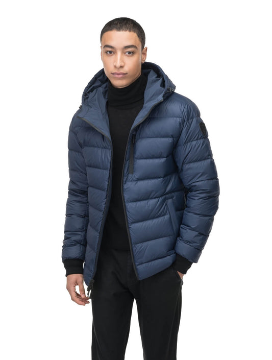 Chris Men's Mid Weight Reversible Puffer Jacket in hip length, Canadian duck down insulation, non-removable adjustable hood, ribbed cuffs, and quilted body on reversible side, in Marine + Marine