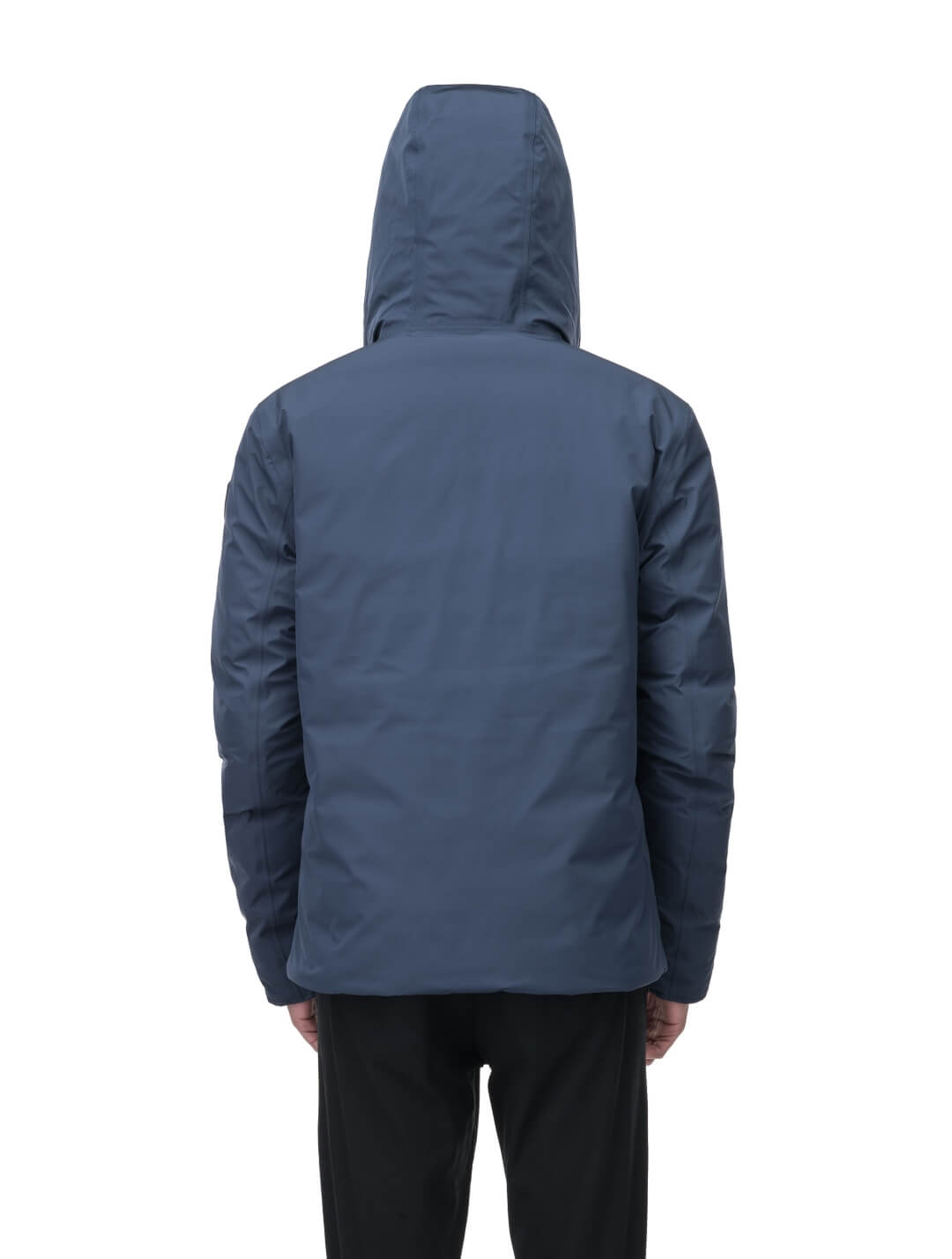 Chris Men's Mid Weight Reversible Puffer Jacket in hip length, Canadian duck down insulation, non-removable adjustable hood, ribbed cuffs, and quilted body on reversible side, in Marine