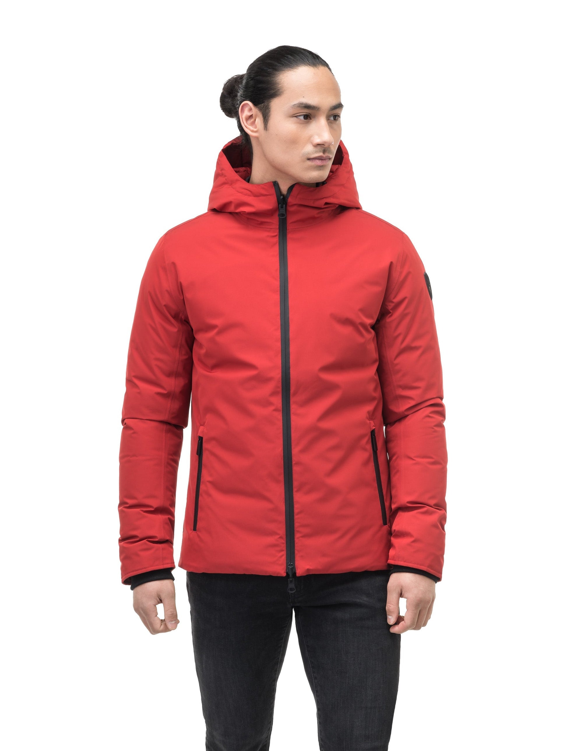 Chris Men's Mid Weight Reversible Puffer Jacket in hip length, Canadian duck down insulation, non-removable adjustable hood, ribbed cuffs, and quilted body on reversible side, in Vermillion
