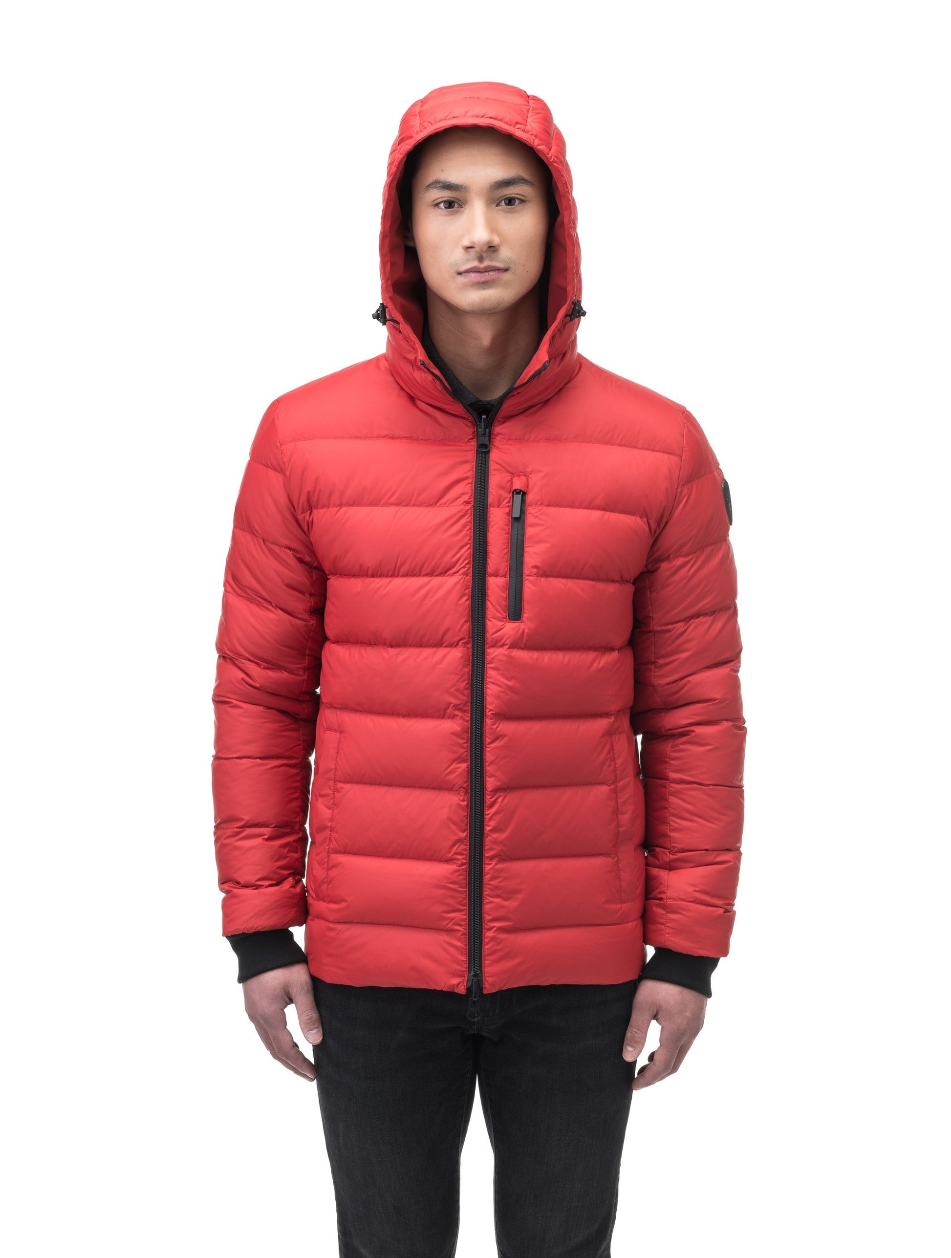 Chris Men's Mid Weight Reversible Puffer Jacket in hip length, Canadian duck down insulation, non-removable adjustable hood, ribbed cuffs, and quilted body on reversible side, in Vermillion