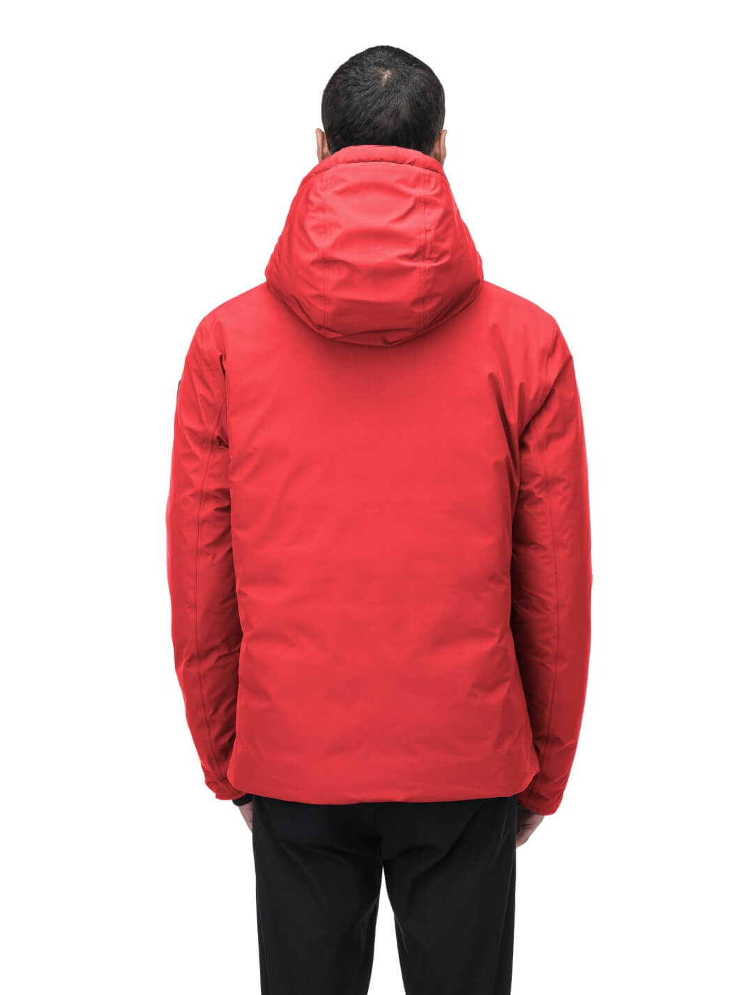 Chris Men's Mid Weight Reversible Puffer Jacket in hip length, Canadian duck down insulation, non-removable adjustable hood, ribbed cuffs, and quilted body on reversible side, in Vermillion