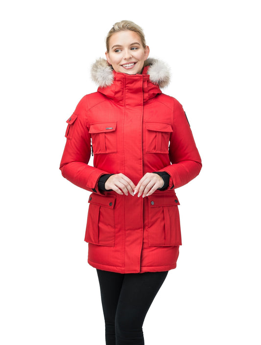 Women's down filled thigh length parka with four pleated patch pockets and an adjustable waist in CH Red + CH Red