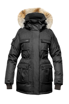 Women's down filled thigh length parka with four pleated patch pockets and an adjustable waist in CH Black