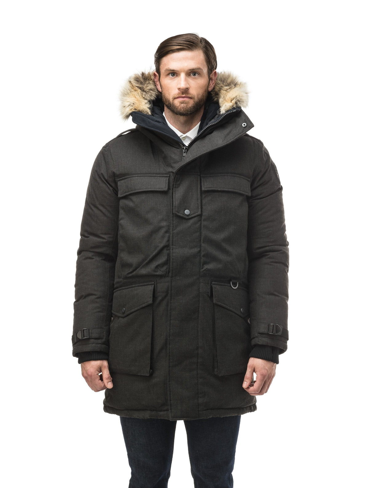 Men's extreme wamrth down filled parka with baffle box construction for even down distribution in Heather Black