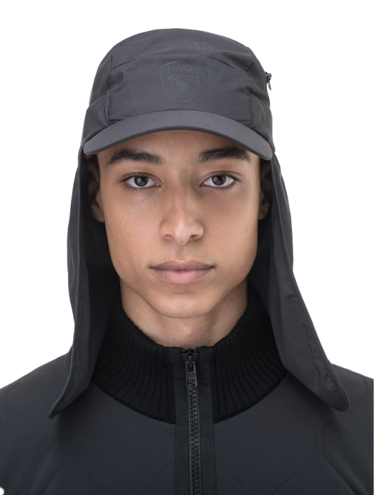 Tal Unisex 3-in-1 cap in 5-panel construction, curved peak brim, back flap, adjustable cobra buckle at back, zipper pocket on left side crown, and detachable face covering, in Black + Black