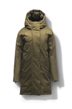 Dory Women's Tailored Back Zip Parka in knee length, premium Crosshatch fabrication, Premium Canadian White Duck Down insulation, non-removable down-filled hood, removable interior hood, centre front two-way zipper with wind flap, vertical zipper detailing along back, in Fatigue