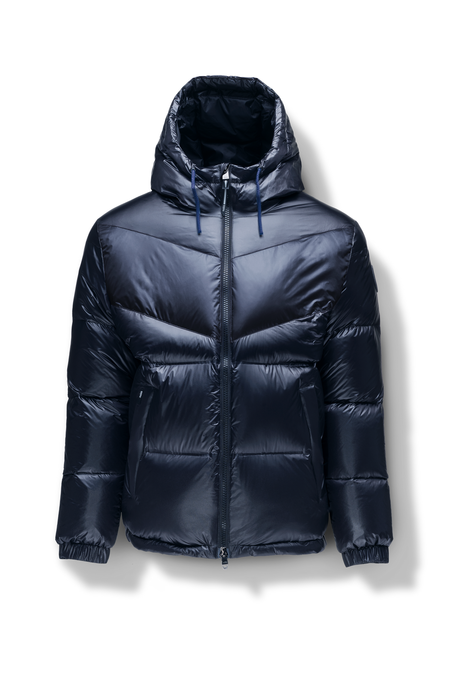 Dyna Men's Chevron Quilted Puffer Jacket in hip length, premium cire technical nylon taffeta fabrication, Premium Canadian origin White Duck Down insulation, non-removable down-filled hood, two-way centre-front zipper, fleece-lined zipper pockets at waist, pit zipper vents, in Navy