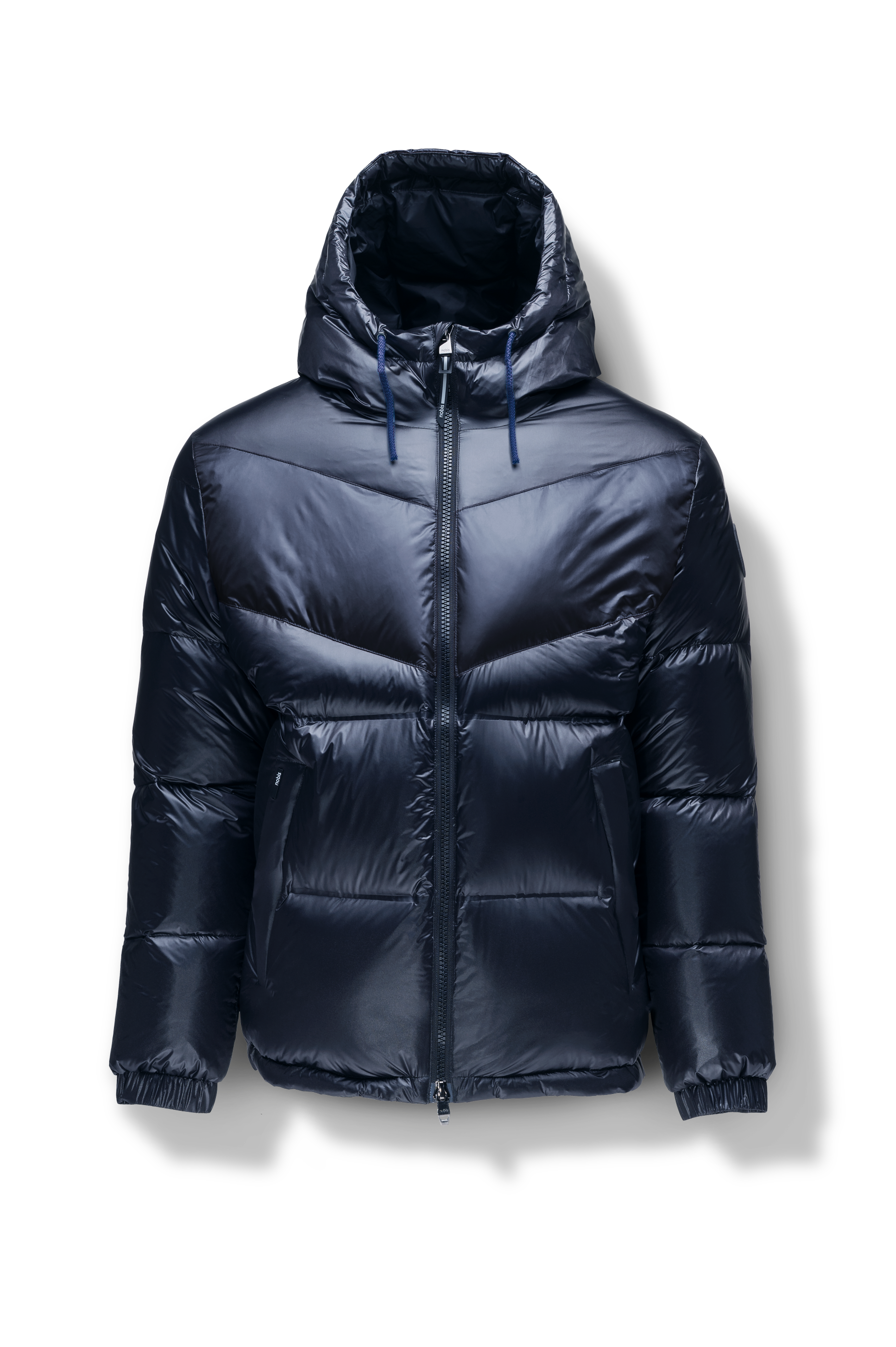 Dyna Men's Chevron Quilted Puffer Jacket in hip length, premium cire technical nylon taffeta fabrication, Premium Canadian origin White Duck Down insulation, non-removable down-filled hood, two-way centre-front zipper, fleece-lined zipper pockets at waist, pit zipper vents, in Navy