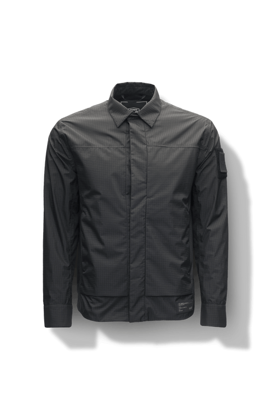 Farson Men's Waterproof Overshirt in Black made from premium recycled polyester ripstop with a DWR coating. Features a concealed snap-button front placket, adjustable snap cuffs, invisible chest zip pocket, dual zippered waist pockets, pit zip ventilation, and seam-sealed construction for enhanced weather protection. Designed in Canada. + Black