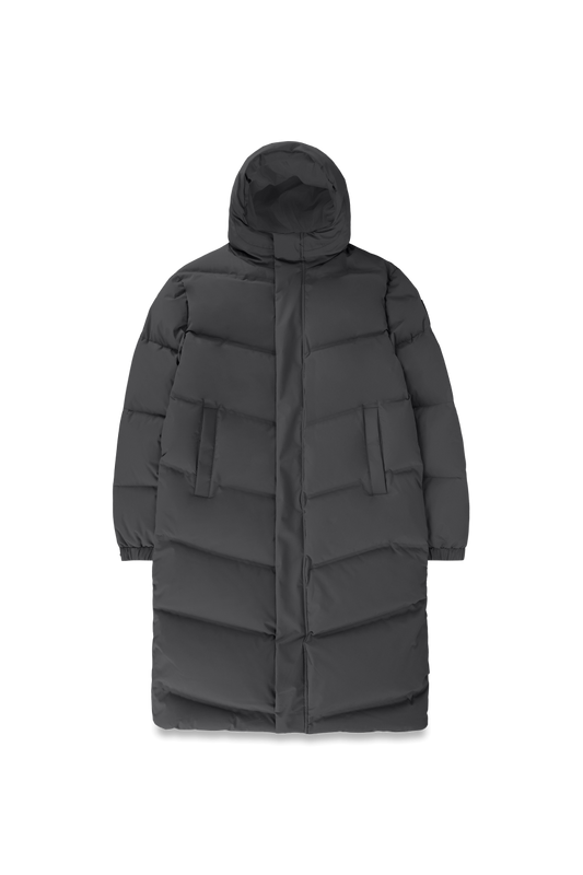 Granger long jacket in Black stretch ripstop fabric with DWR coating, insulated with Canadian white duck down and Primaloft. Features a two-way zipper, magnetic closure, and adjustable cuffs for warmth and weather protection. + Black