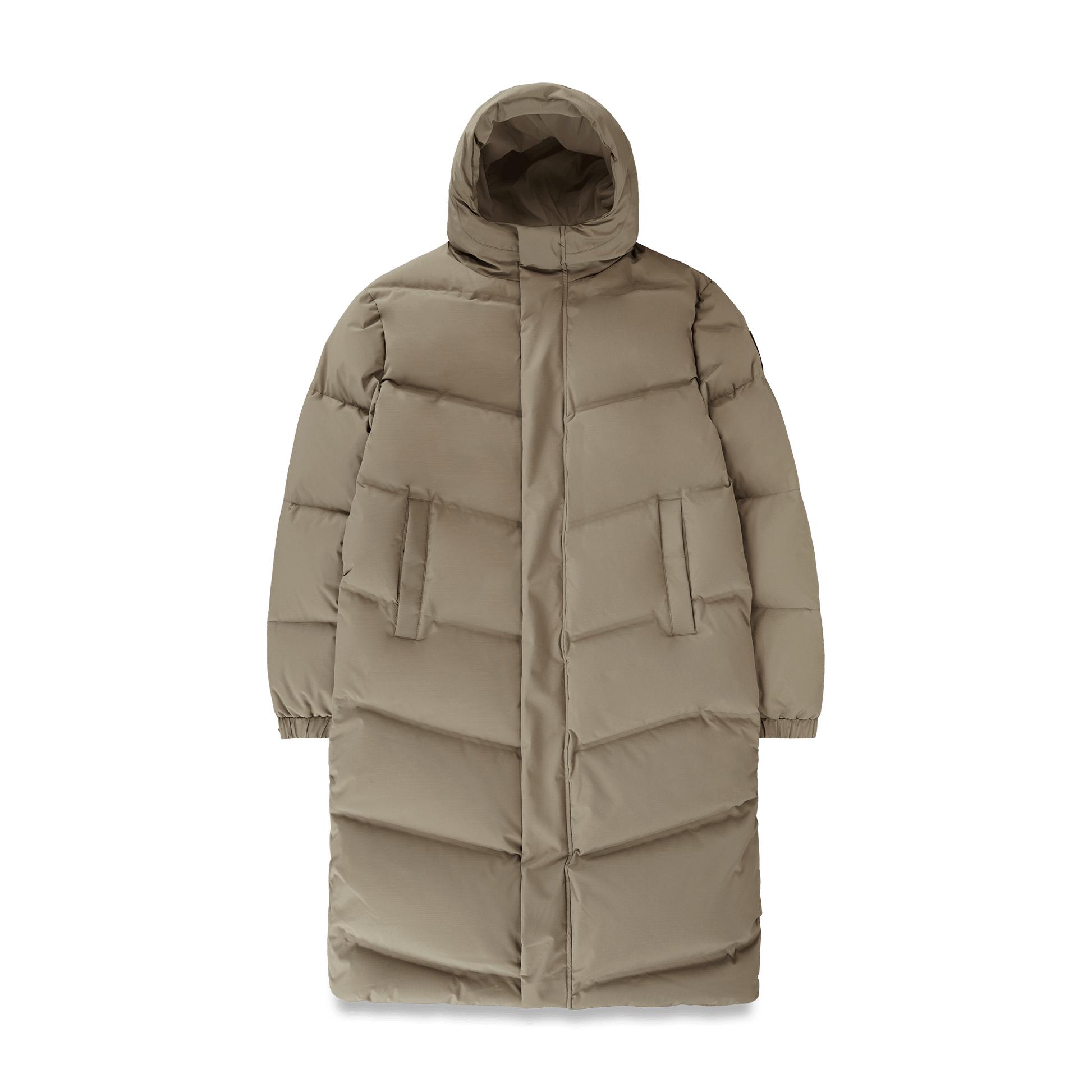 Granger long jacket in Bungee Cord stretch ripstop fabric with DWR coating, insulated with Canadian white duck down and Primaloft. Features a two-way zipper, magnetic closure, and adjustable cuffs for warmth and weather protection.