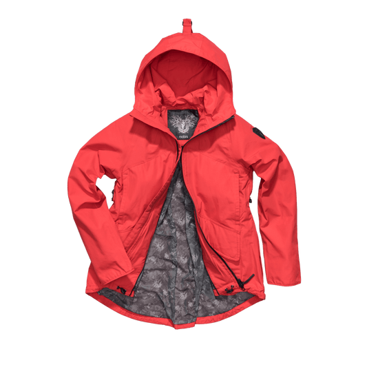 Women's hooded rain jacket with high low hem in Red + Red