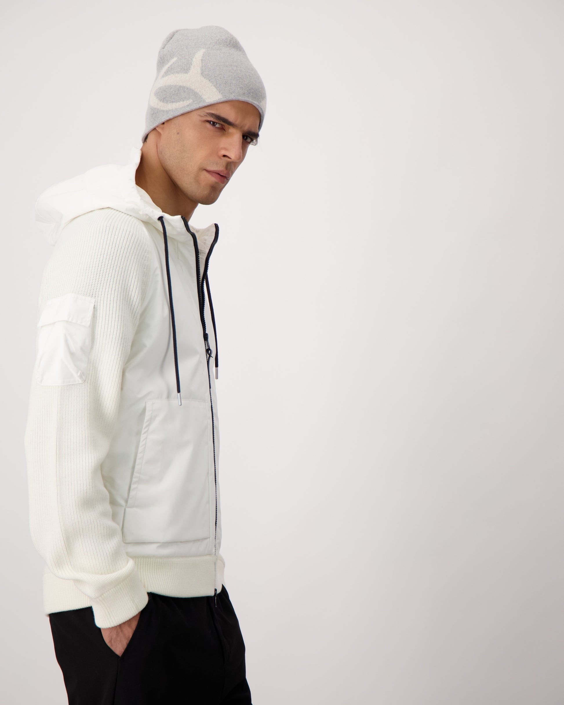 Antler Beanie in merino wool blend, antler knit motif on front, in Grey