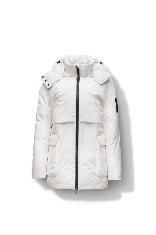 Haelyn Ladies Short Utility Parka in thigh length, 3-Ply Micro Denier fabrication, Premium Canadian White Duck Down insulation, removable down-filled hood, two-way centre front zipper, hidden adjustable cord at waist, adjustable snap cuffs, and four exterior patch pockets at front, in Wheat Desert + Wheat Desert