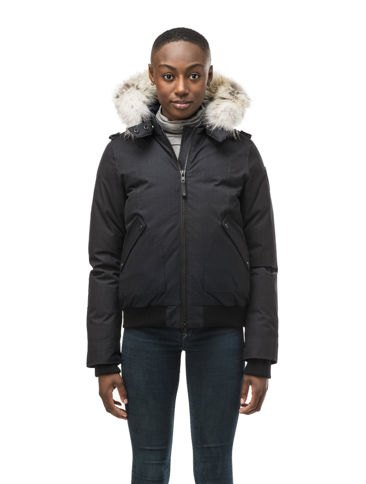 Women's bomber style down filled jacket with a removable hood and fur trim in Black
