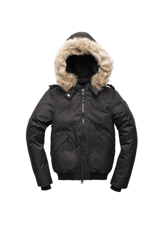 Women's bomber style down filled jacket with a removable hood and fur trim in CH Black + CH Black