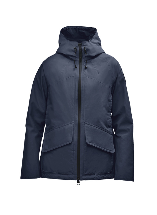 Women's hooded rain jacket with high low hem in Navy + Navy
