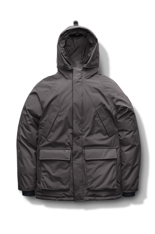 Heritage Furless Men's Parka in hip length, Canadian white duck down insulation, non-removable hood, front zipper with magnetic placket, chest hand warmer pockets, waist flap pockets, and elastic cuffs, in Steel Grey + Steel Grey