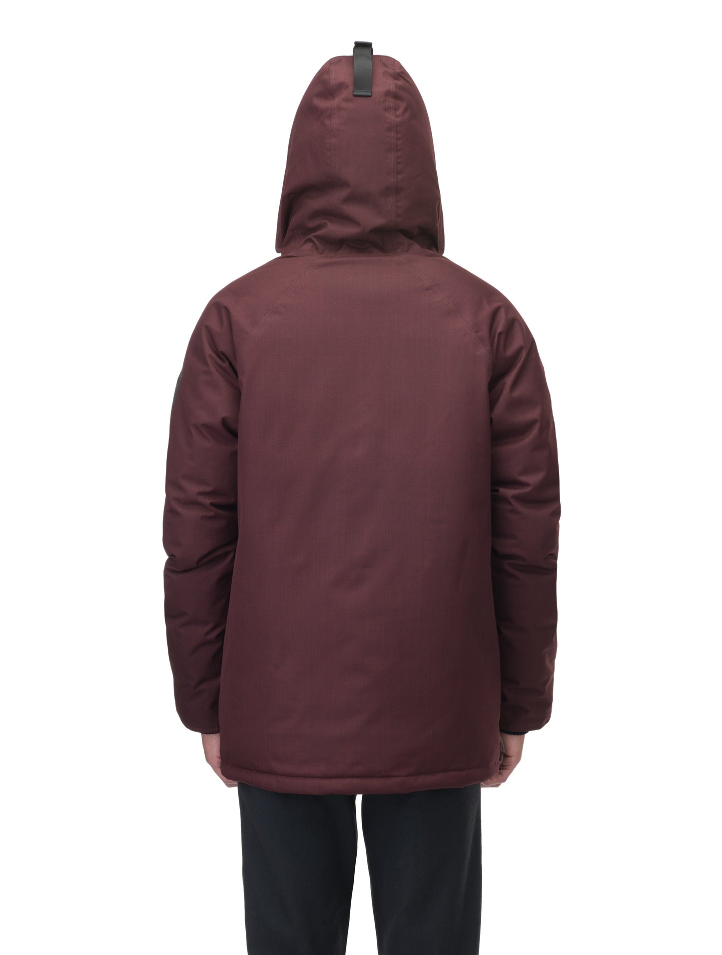 Heritage Furless Men's Parka in hip length, Canadian white duck down insulation, non-removable hood, front zipper with magnetic placket, chest hand warmer pockets, waist flap pockets, and elastic cuffs, in Merlot