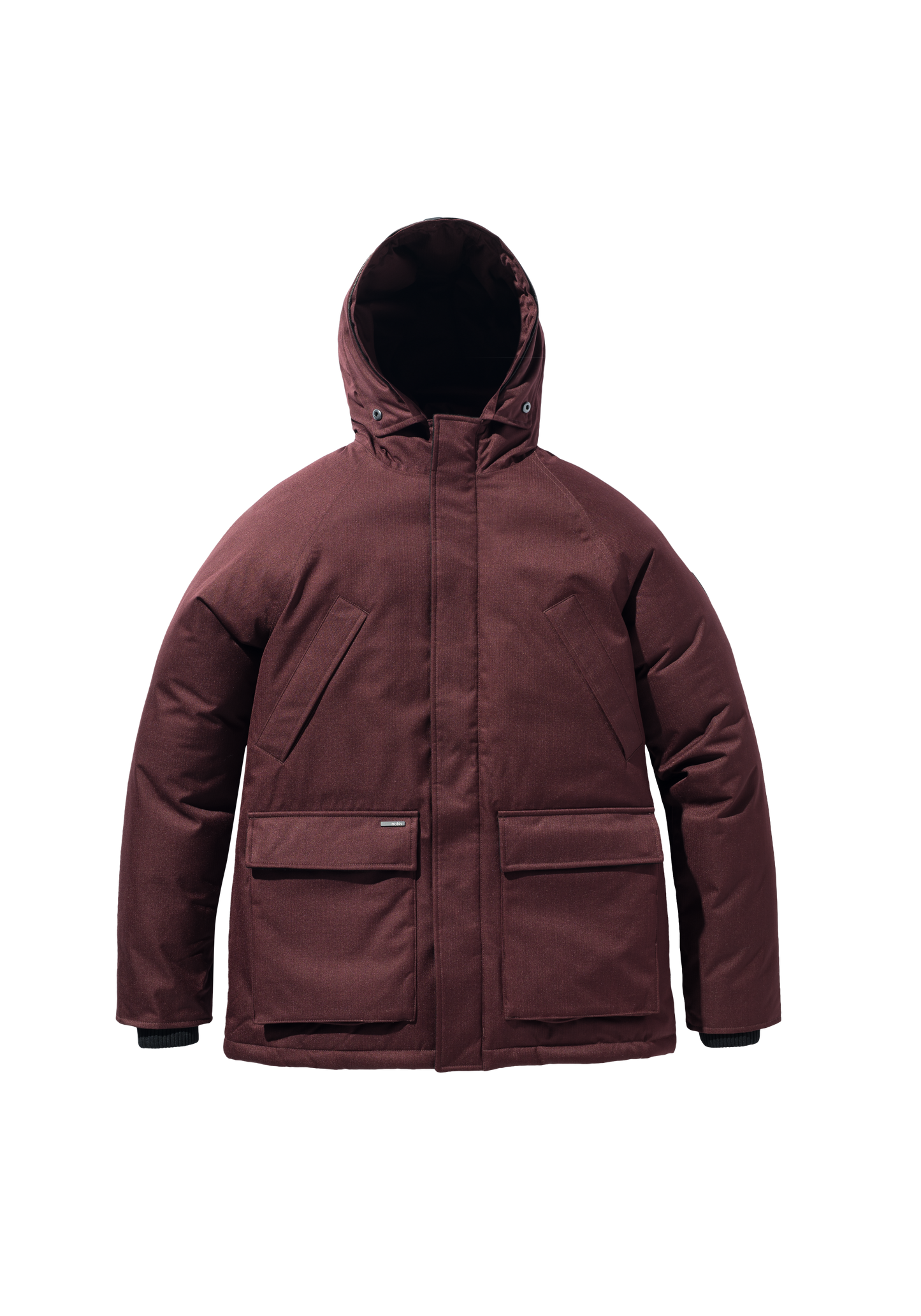 Heritage Furless Men's Parka in hip length, Canadian white duck down insulation, non-removable hood, front zipper with magnetic placket, chest hand warmer pockets, waist flap pockets, and elastic cuffs, in Merlot