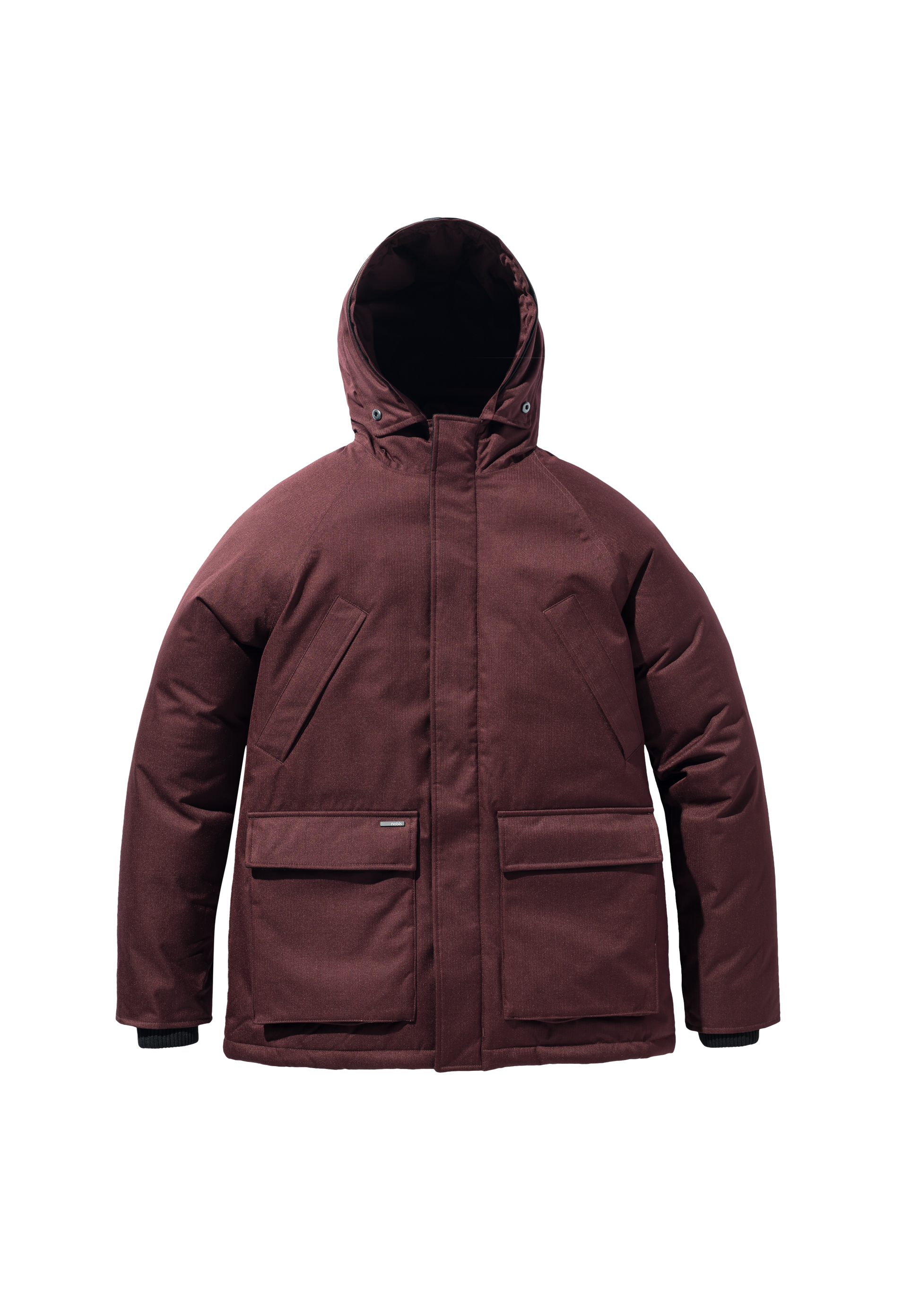 Heritage Furless Men's Parka in hip length, Canadian white duck down insulation, non-removable hood, front zipper with magnetic placket, chest hand warmer pockets, waist flap pockets, and elastic cuffs, in Merlot