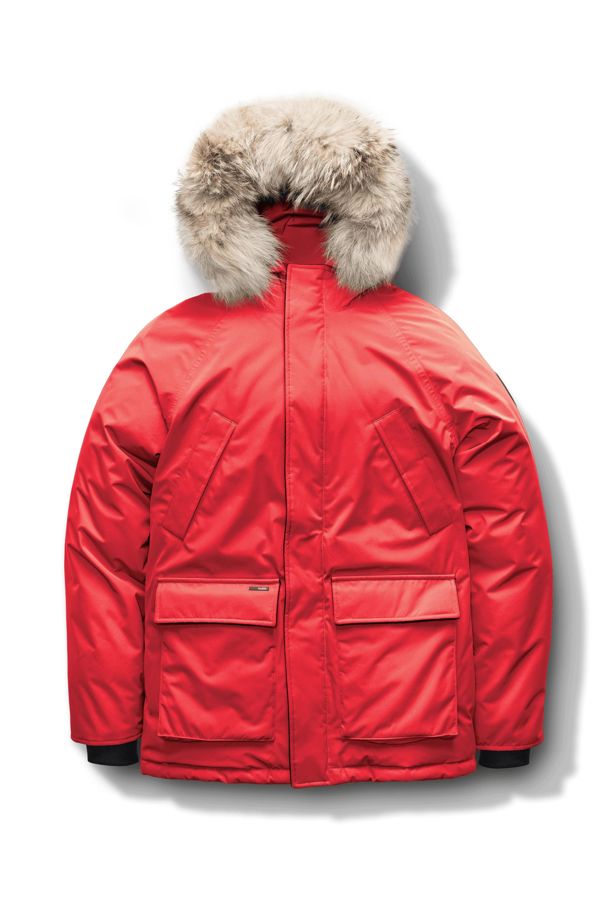 Men's waist length down filled jacket with two front pockets with magnetic closure and a removable fur trim on the hood in CH Red