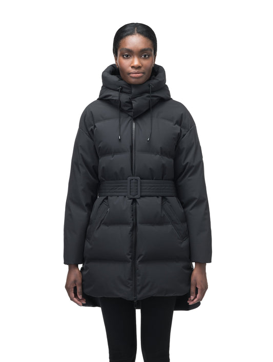 Women's thigh length down parka with removable hood and adjustable belt in Black + Black