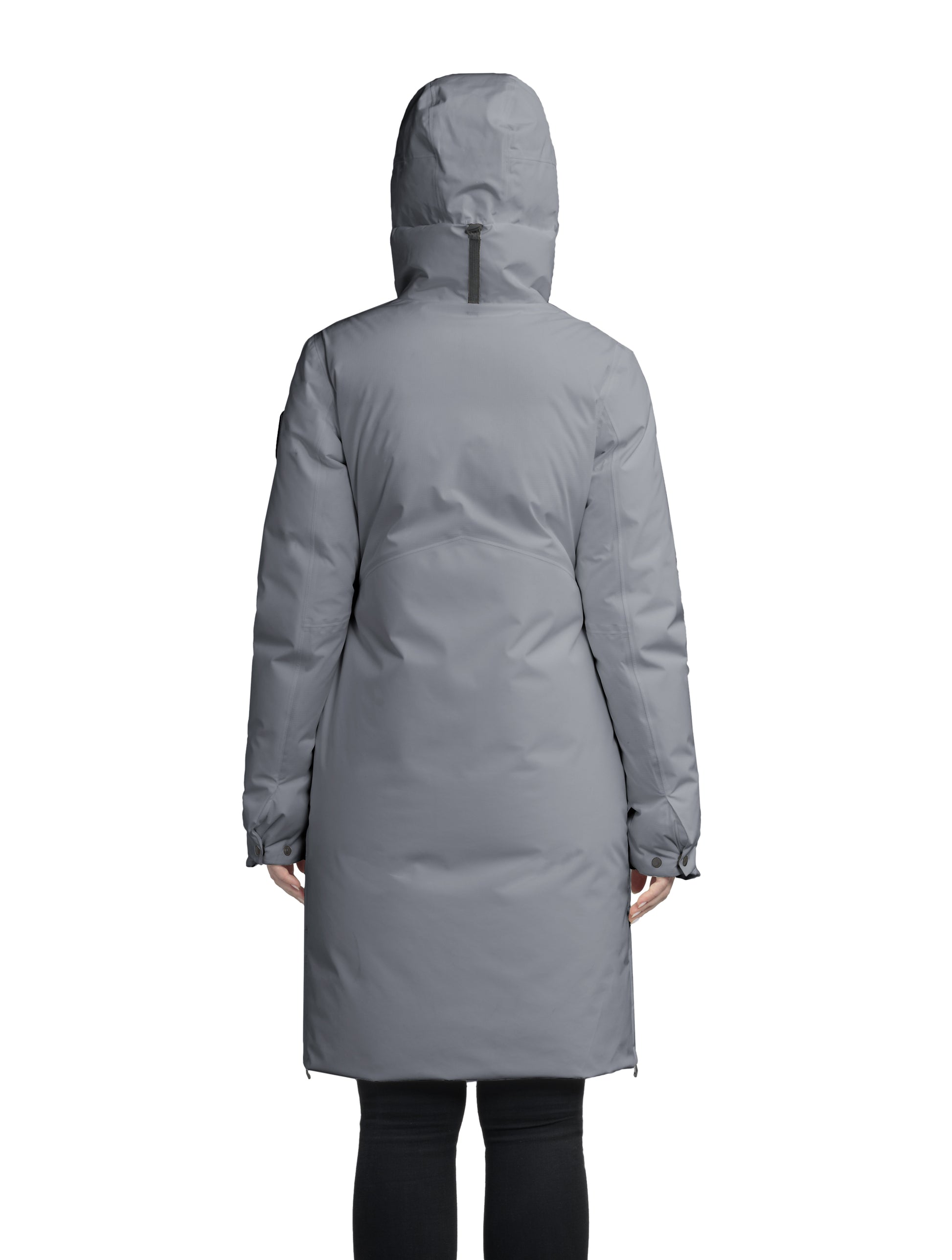 Inara Women's Performance Parka in knee length, premium 3-ply micro denier and stretch ripstop fabrication with DWR coating, Premium Canadian White Duck Down insulation, non-removable down-filled hood, centre front two-way zipper, large vertical zipper pockets along waist, zipper vents along bottom side hem, in Concrete