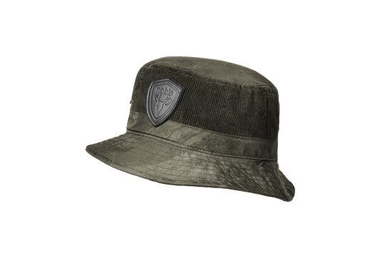 Kaia Unisex Tailored Bucket Hat in a 100% cotton corduroy and 3-ply micro denier fabrication, unstructured crown, black leather Nobis shield logo on crown front, and small flap pocket on the right side crown, in Fatigue + Fatigue