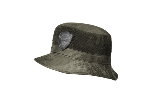 Kaia Unisex Tailored Bucket Hat in a 100% cotton corduroy and 3-ply micro denier fabrication, unstructured crown, black leather Nobis shield logo on crown front, and small flap pocket on the right side crown, in Fatigue + Fatigue