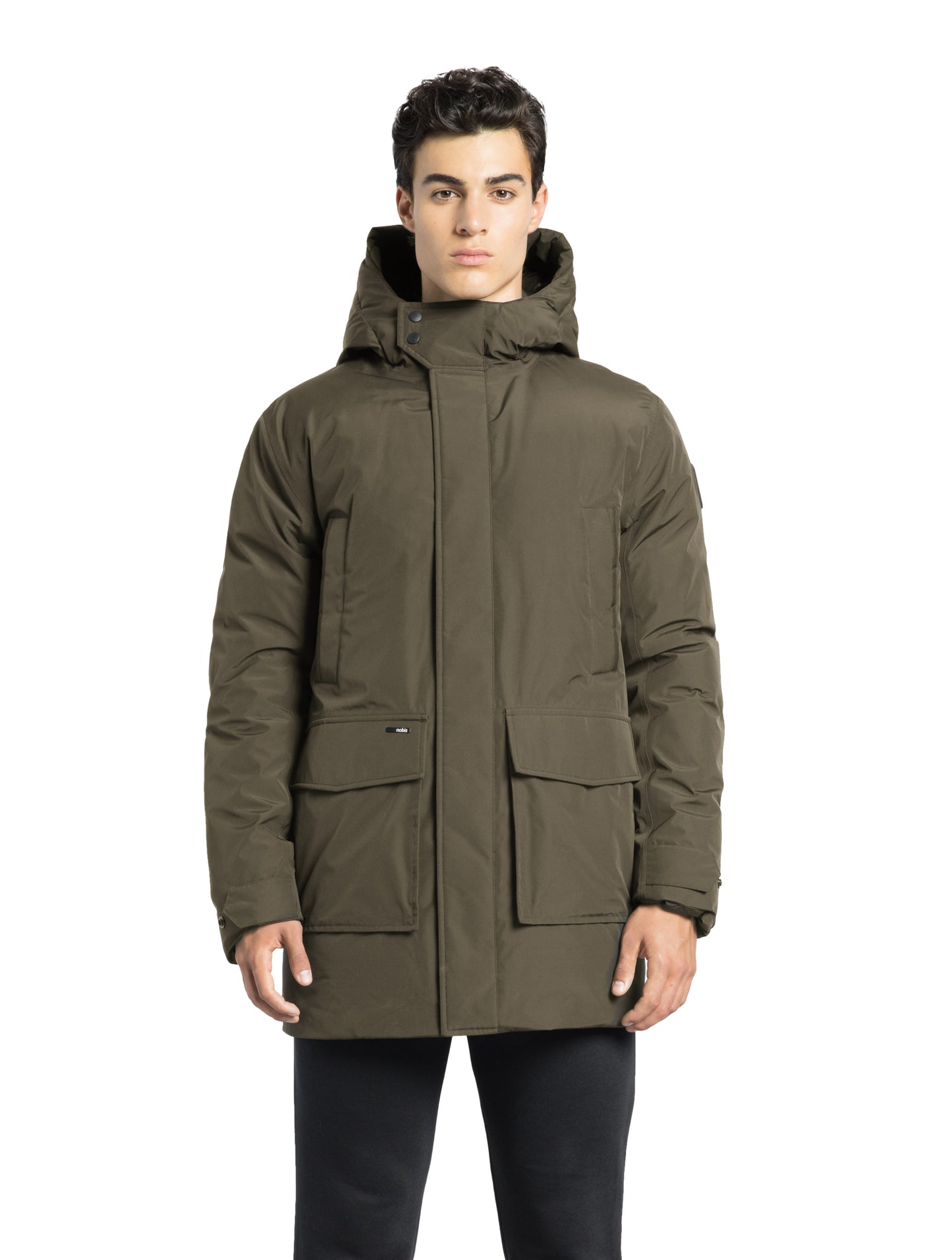 Kason Men's Light Down Parka in thigh length, premium 3-ply micro denier and stretch ripstop fabrication, Premium Canadian origin White Duck Down insulation, non-removable down-filled hood, two-way centre-front zipper, magnetic closure wind flap, fleece-lined pockets at chest and waist, flap pockets at waist, pit zipper vents, in Fatigue