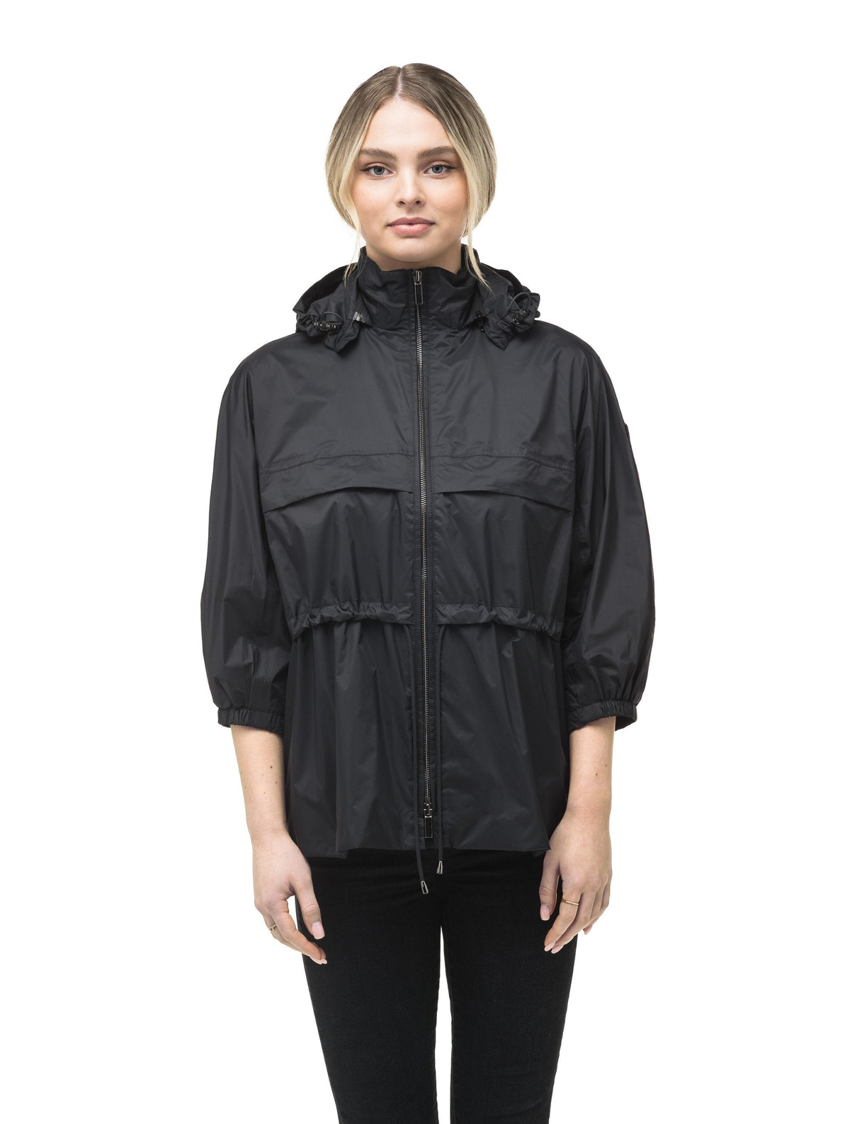 Women's waist length windbreaker with two chest pockets in Black