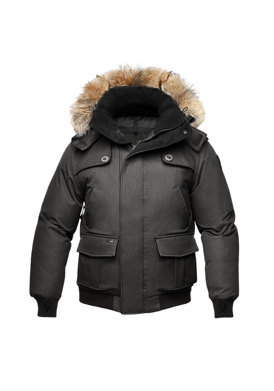 Kid's waist length down bomber jacket with fur trim hood in CH Black + CH Black