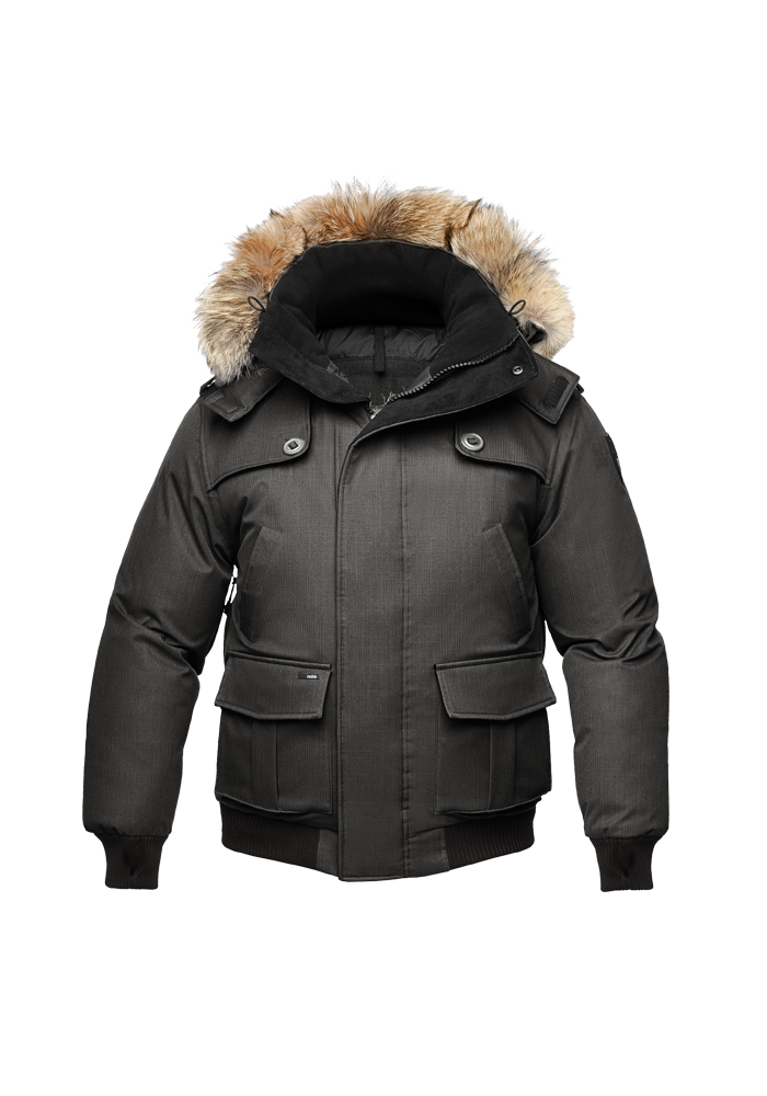 Kid's waist length down bomber jacket with fur trim hood in Black