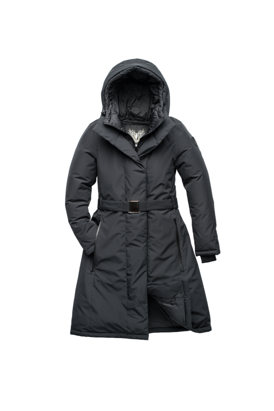 Long calf length hooded women's winter parka with an inner hip length closure, exterior hem length zipper and magentic placket in Black + Black