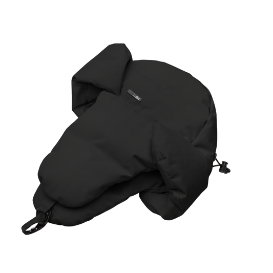 Unisex down-filled fargo hat with adjustable chin strap in Black + Black