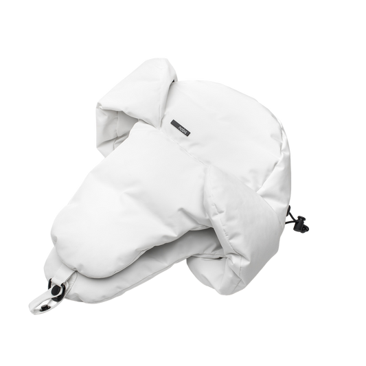 Unisex down-filled fargo hat with adjustable chin strap in Chalk + Chalk