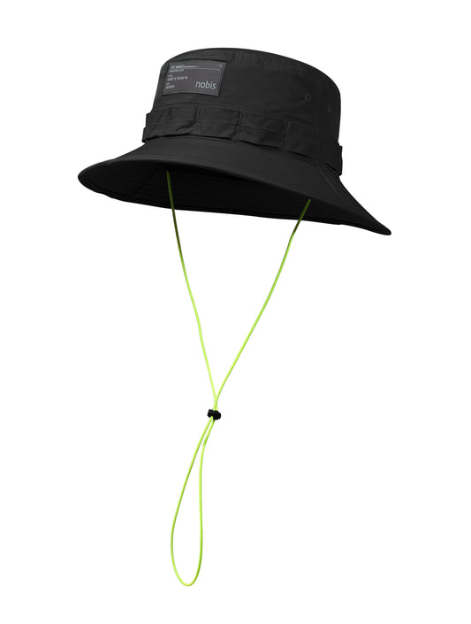 Black bucket hat with a chin strap on a white background + Black
