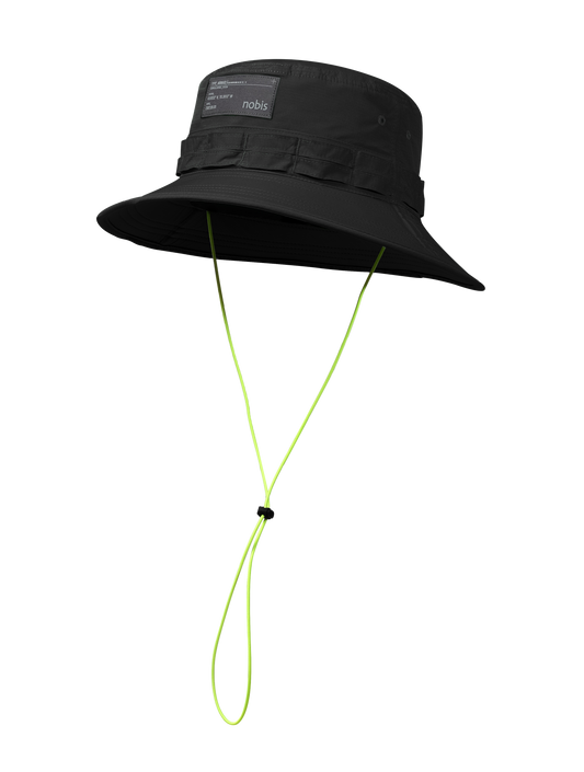 Black bucket hat with a chin strap on a white background + Black
