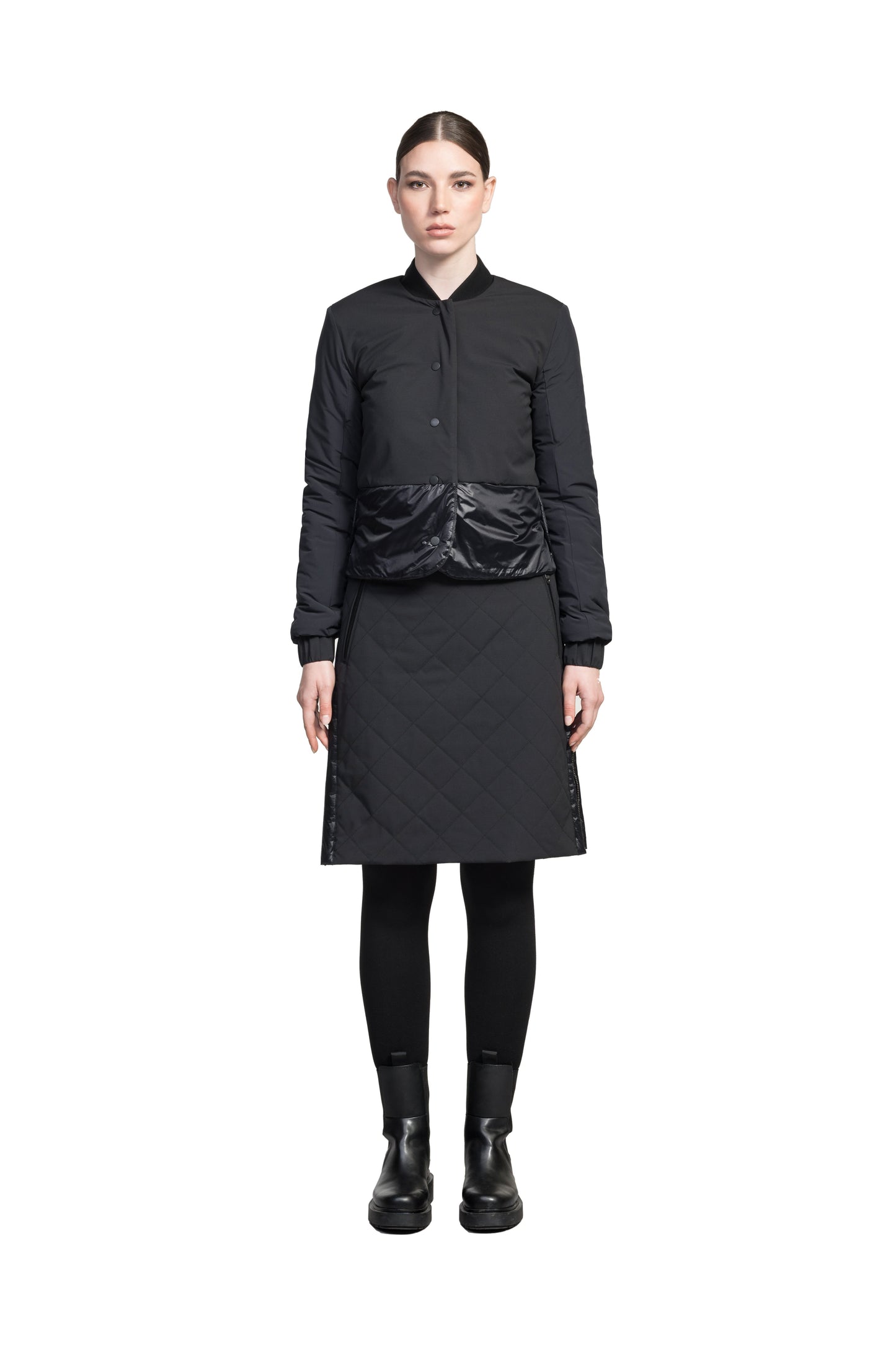 Lexi Women's Reversible Midlayer Jacket in waist length, premium stretch ripstop and contrast cire technical nylon taffeta fabrication, premium 4-way stretch, water resistant Primaloft Gold Insulation Active+, snap button closure at centre front, exterior magnetic closure pockets at sides, elasticized cuff details, and reversible from a quilted or smooth outer shell, in Black