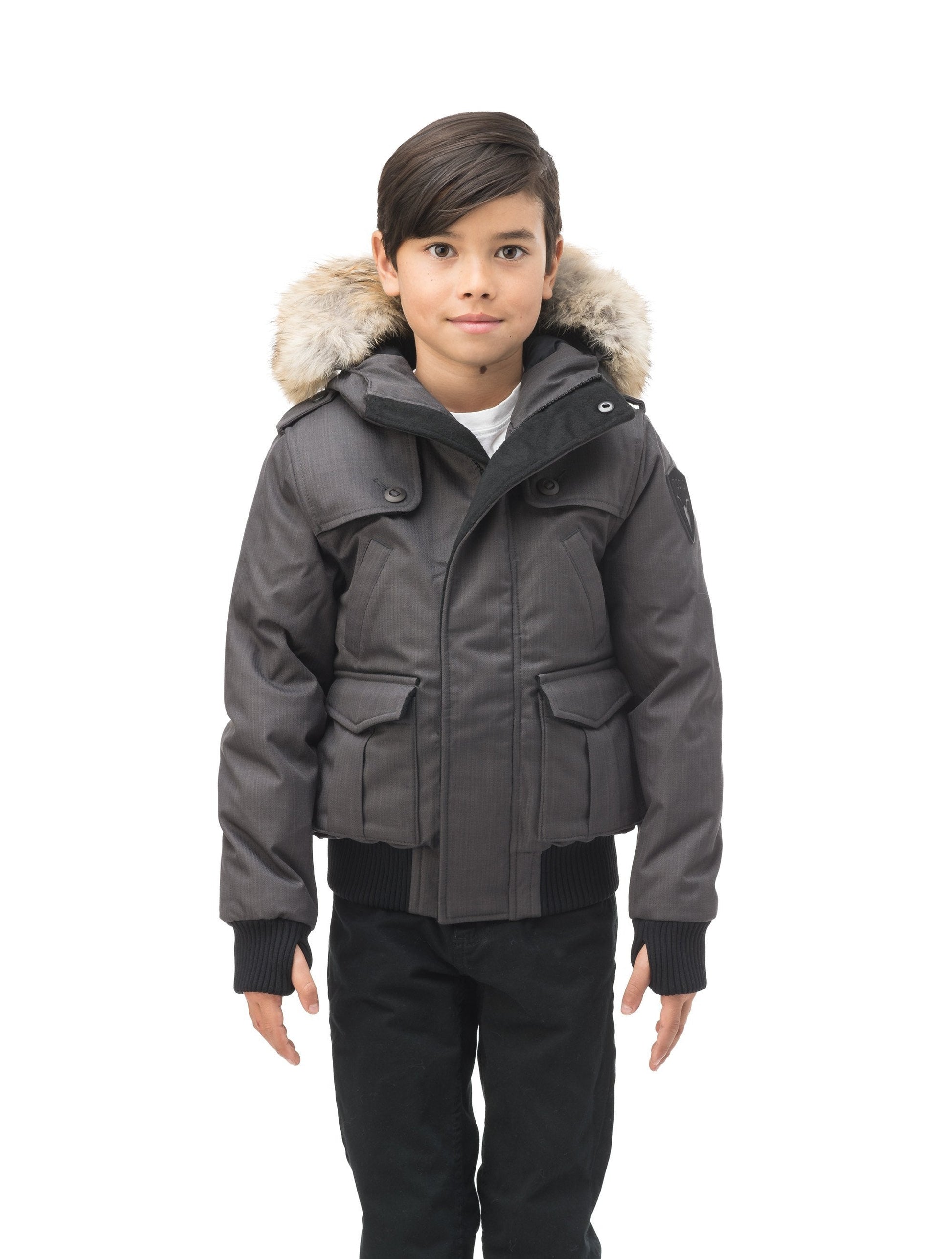 Kid's waist length down bomber jacket with fur trim hood in CH Steel Grey