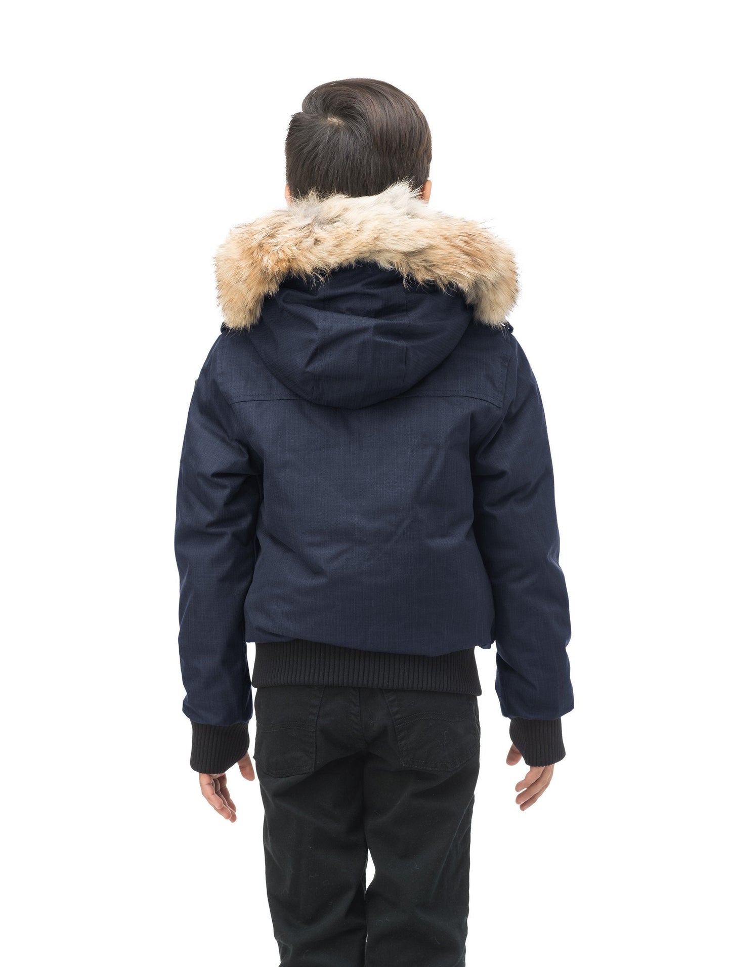 Kid's waist length down bomber jacket with fur trim hood in CH Navy