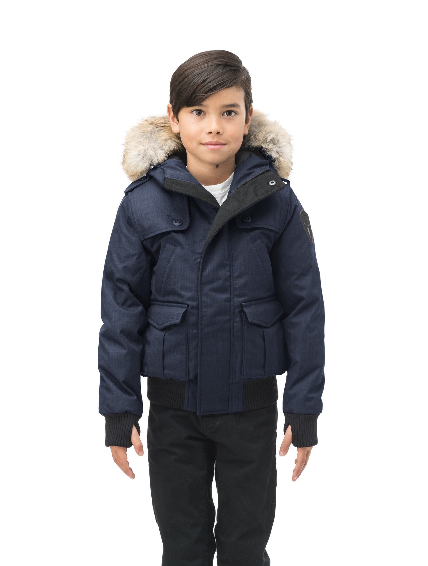 Kid's waist length down bomber jacket with fur trim hood in CH Navy