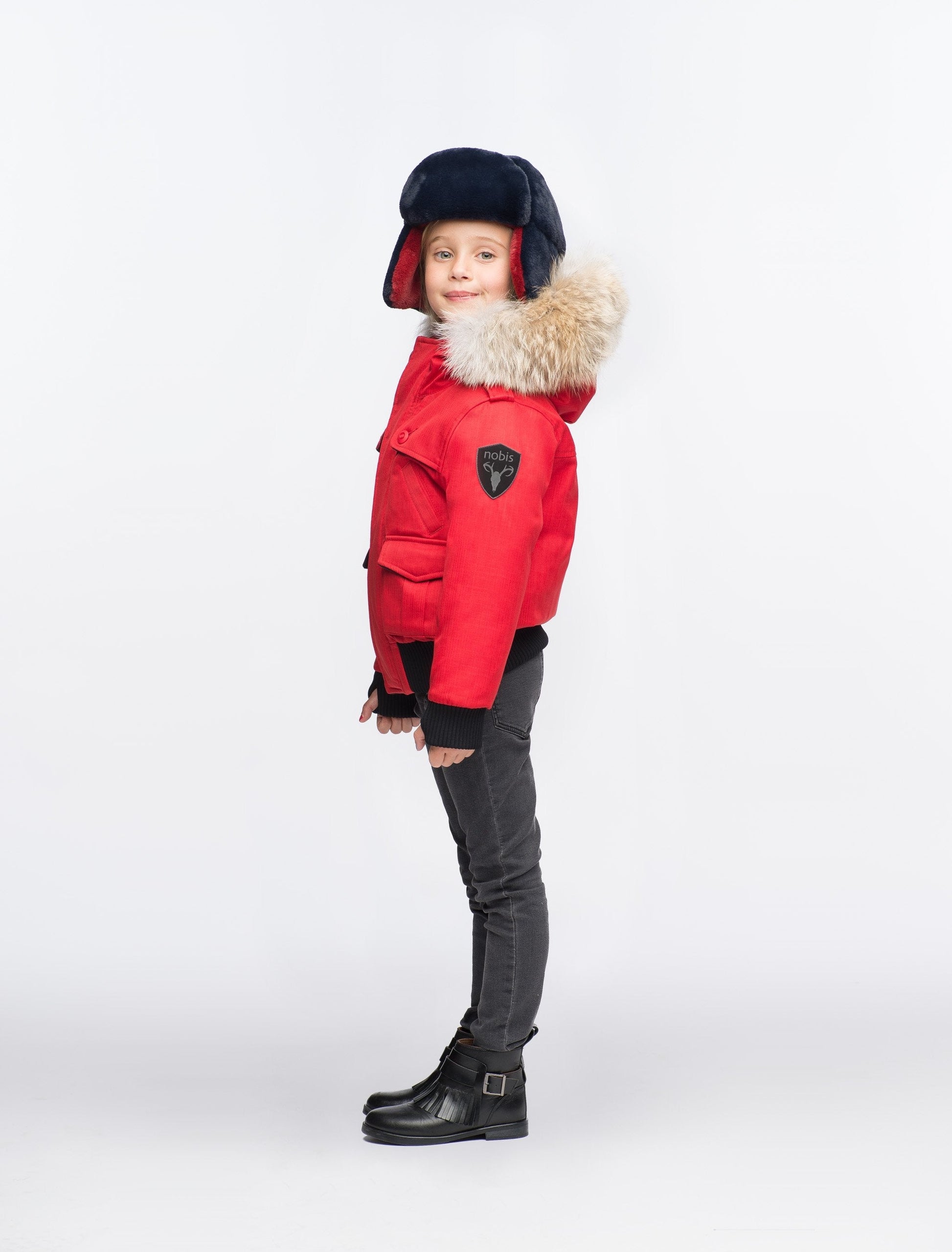 Kid's waist length down bomber jacket with fur trim hood in CH Red