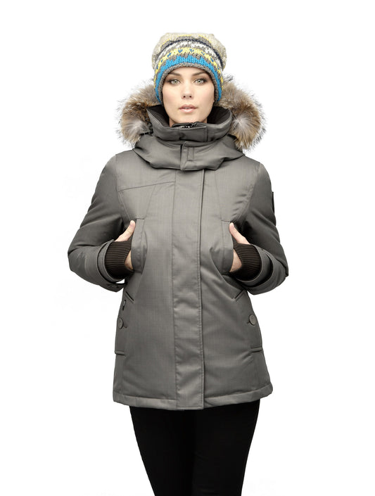 Women's down filled waist length parka with removable fur trim and removable hood in CH Steel Grey + CH Steel Grey