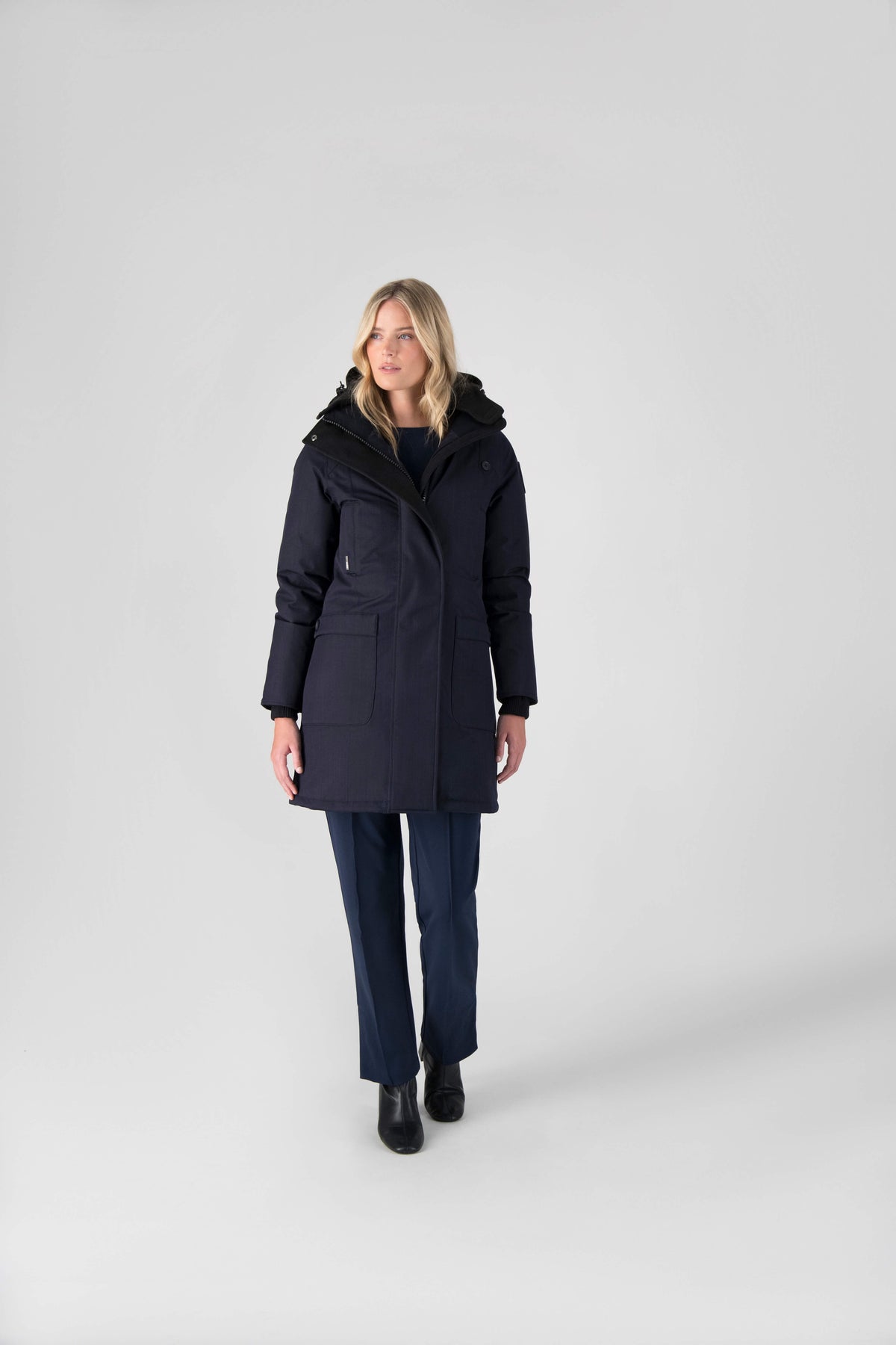 Best selling women's down filled knee length parka with removable down filled hood