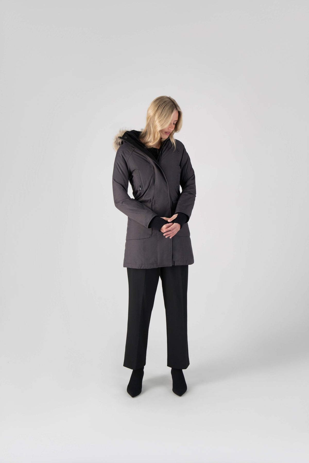 Best selling women's down filled knee length parka with removable down filled hood in Steel Grey