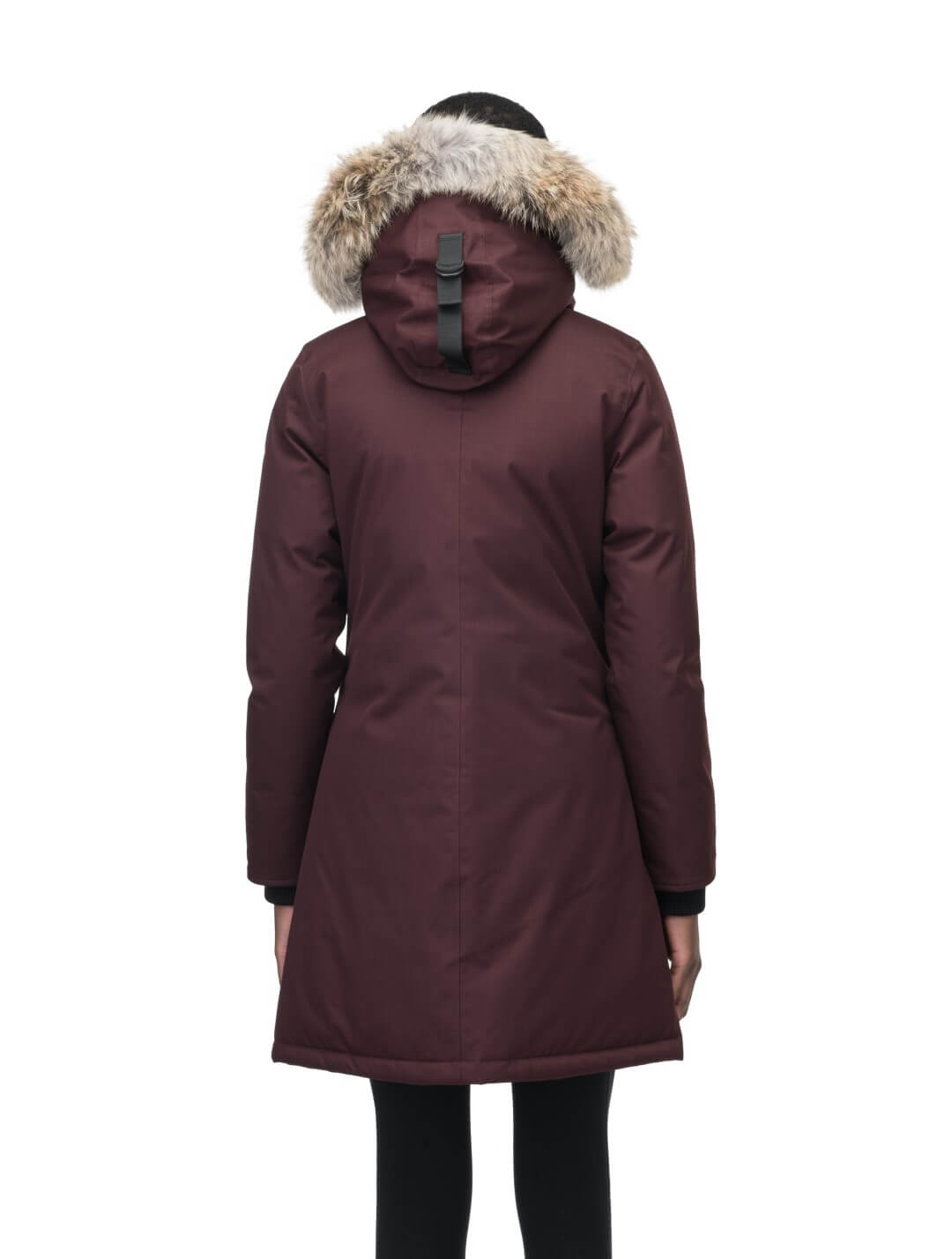 Best selling women's down filled knee length parka with removable down filled hood in Merlot