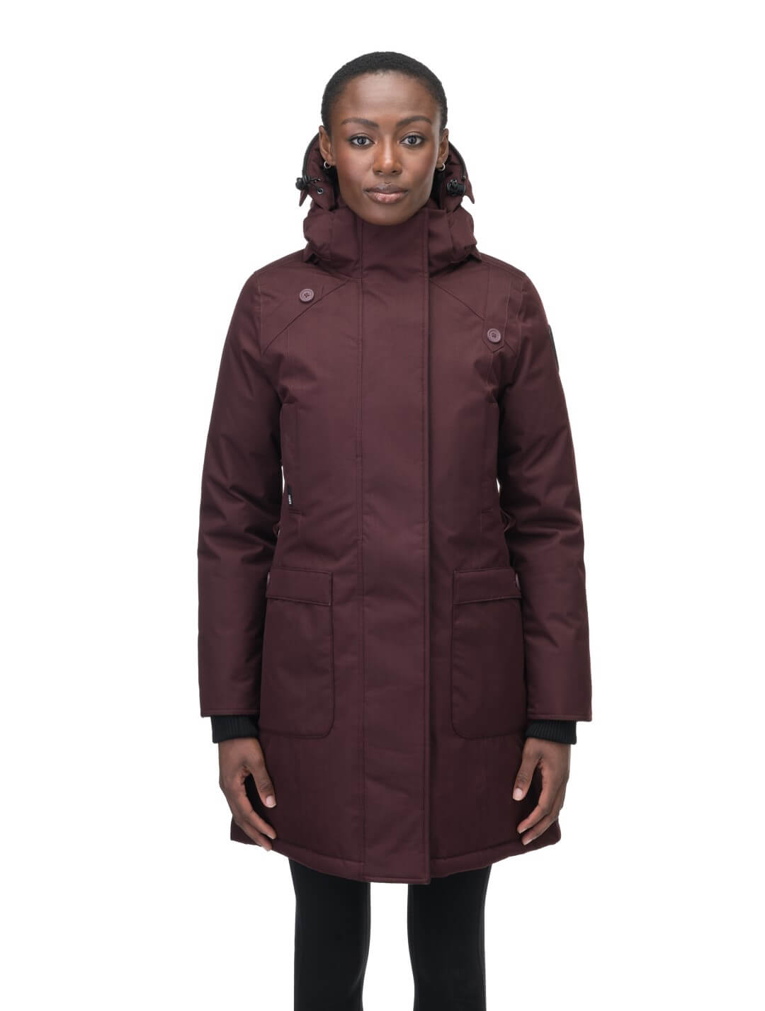 Best selling women's down filled knee length parka with removable down filled hood in Merlot